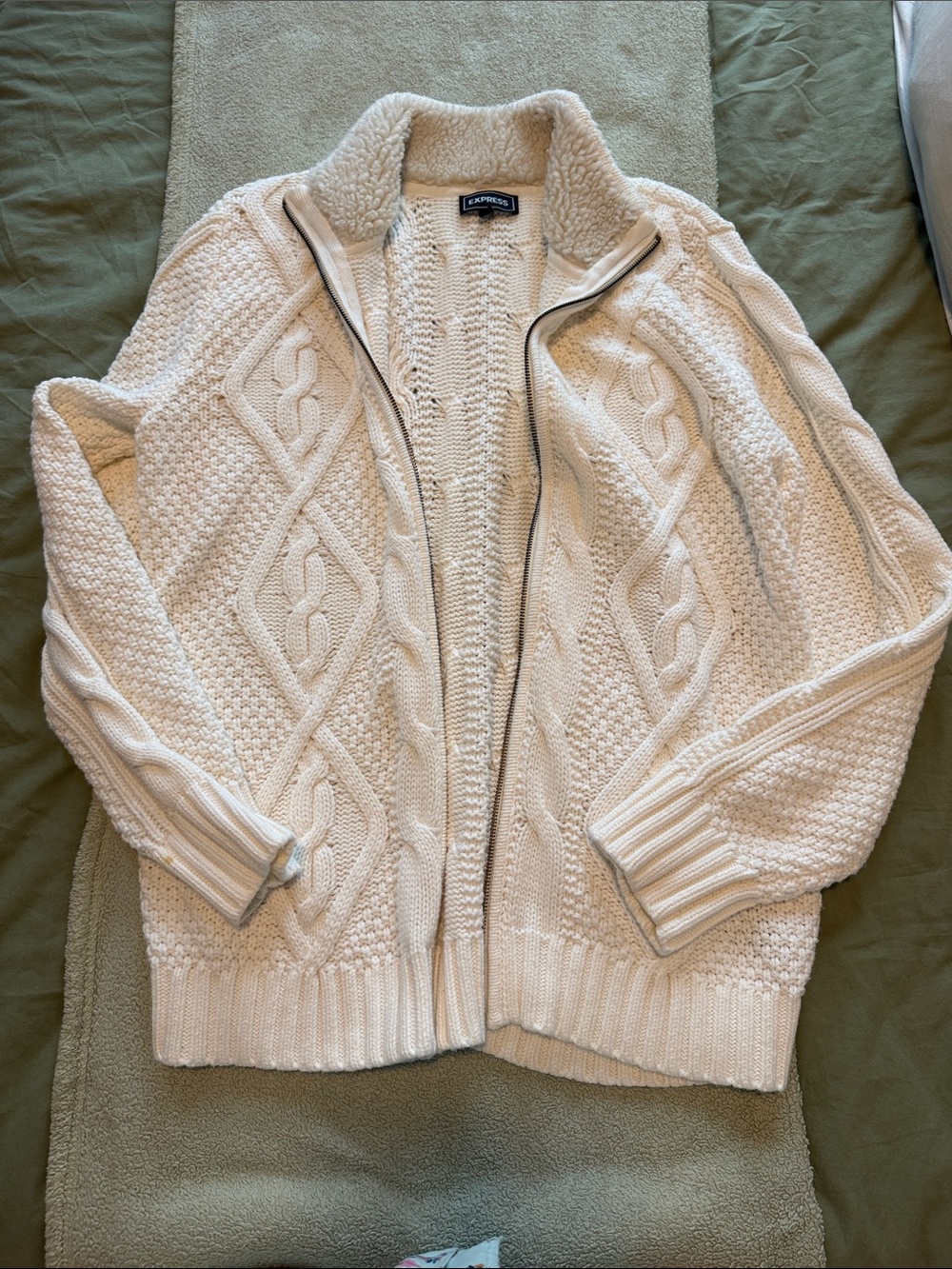 Express Cream Cable Knit Zip Cardigan with High Collar